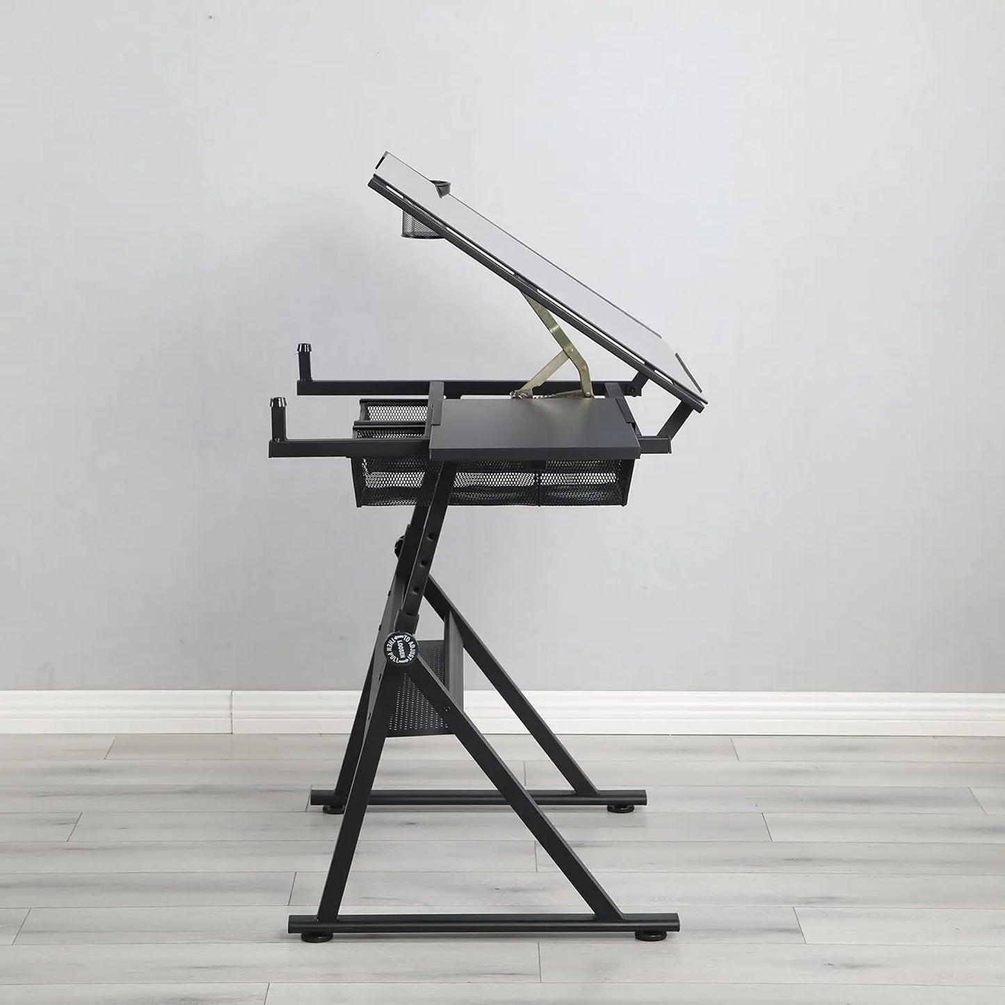 Voohek Chair, Adjustable Extended Tabletop&Slide-Up Pencil Ledge, Painting Desk w/Nonwovens Drawers, Black Drafting Table