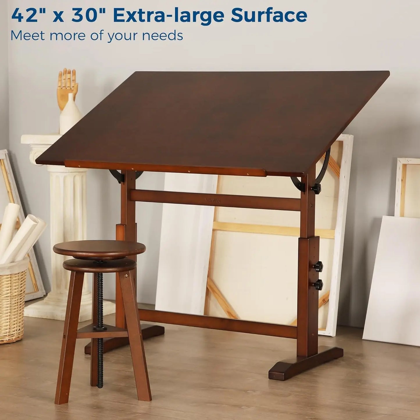 VISWIN 30" x 42" Extra-Large Artist Drafting Table, Adjustable Height & Angle, Solid Pine Wood Drawing Table