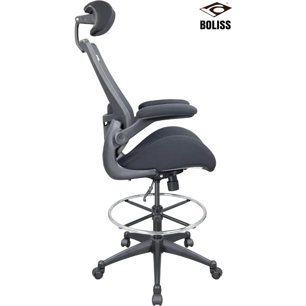 BOLISS 400lbs High-Back Mesh Ergonomic Drafting Chair,Tall Office Chair, Standing Desk Chair,Adjustable Headrest,with Flip-Up Ar