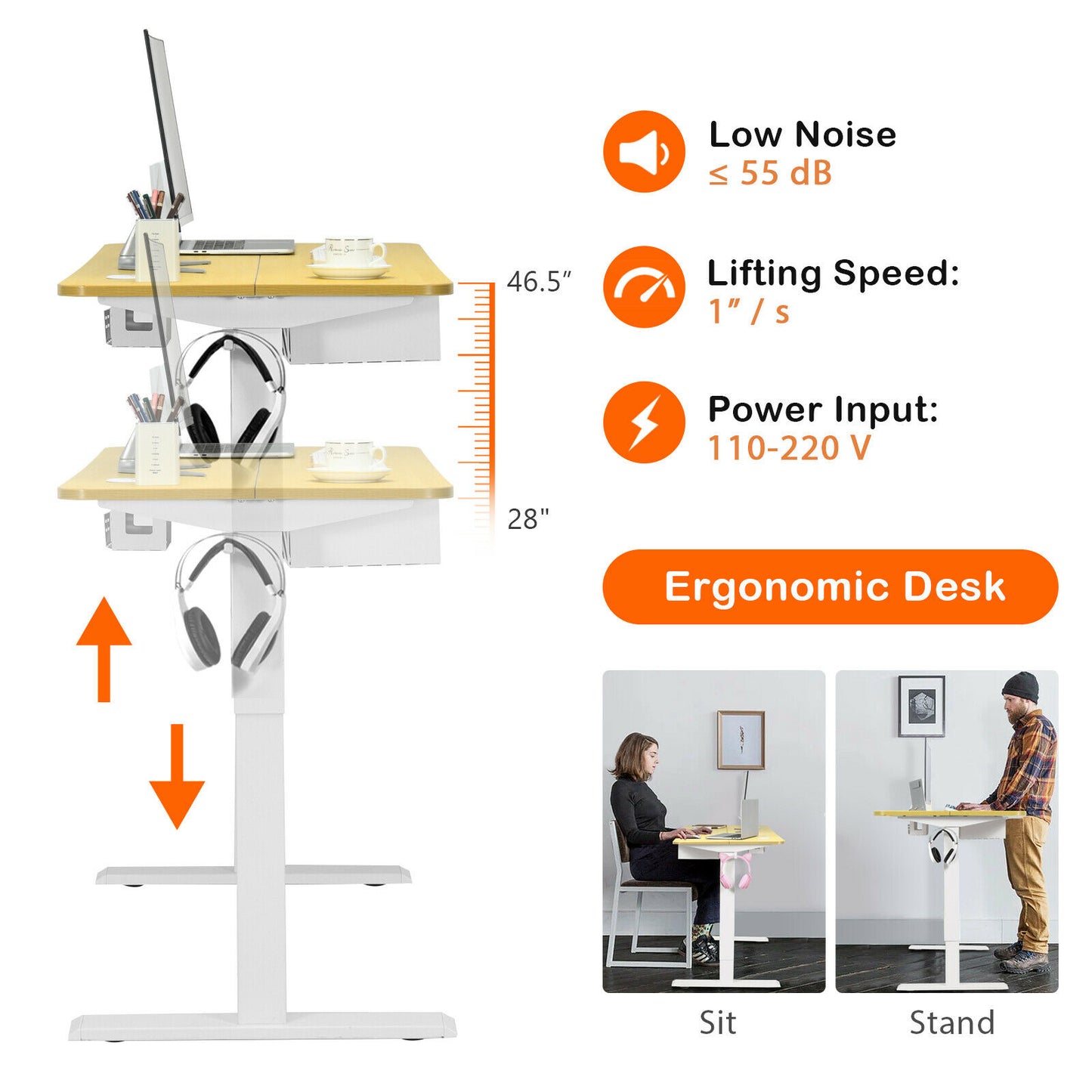 Electric Standing Desk Height Adjustable w/ Control Panel & USB Port JV10229US