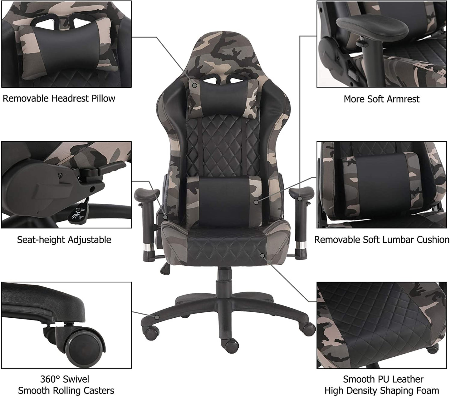 Computer Chair, Gaming Chair Office Swivel Chairs with headrest and Lumbar Pillow Camo-B