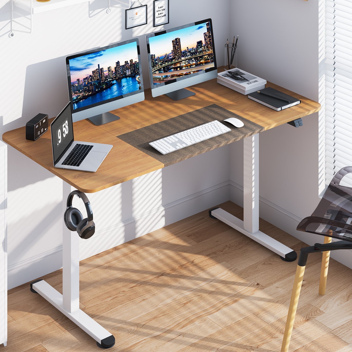 Electric Standing Desk Height Adjustable Home Office Table w/ Hook Natural