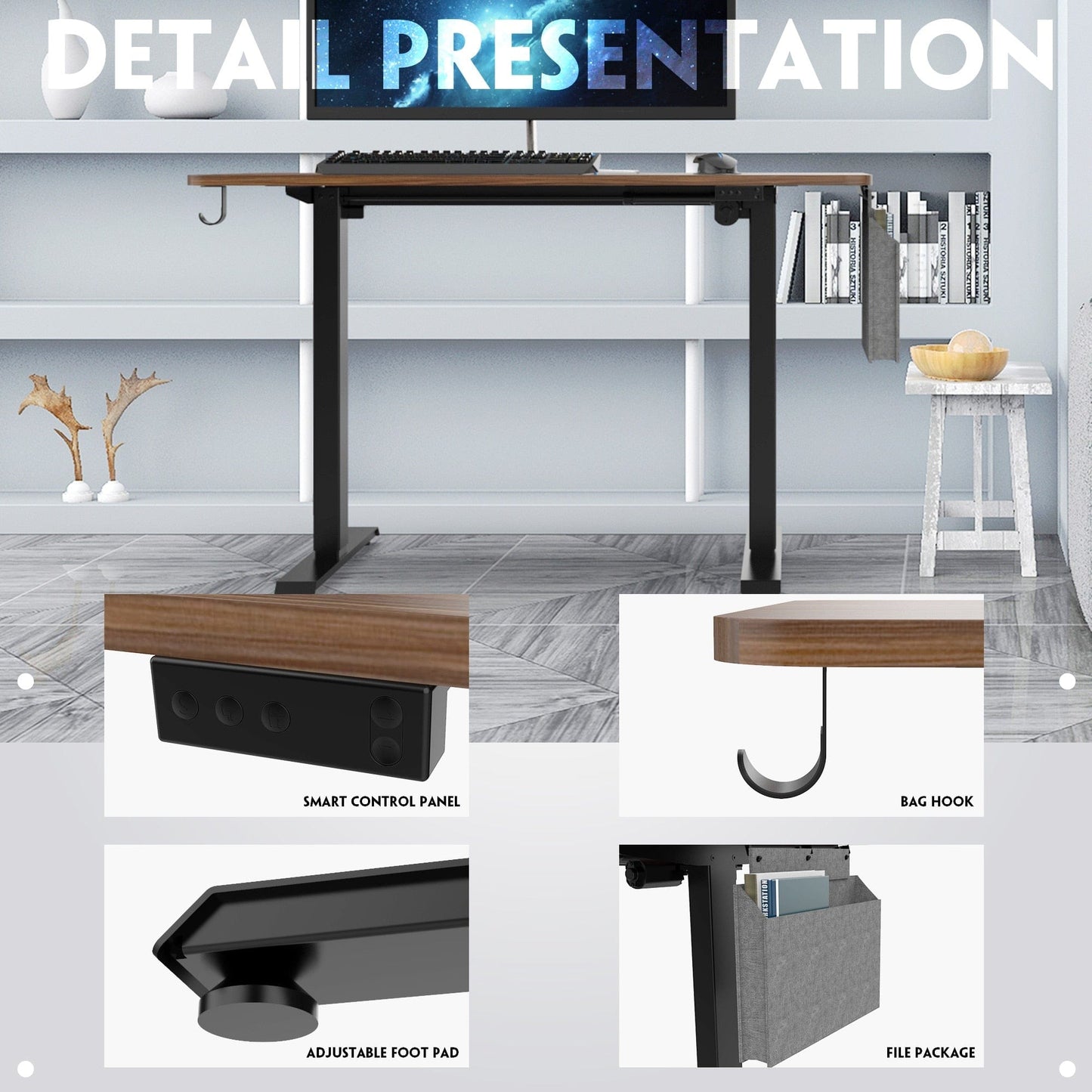Height Adjustable Electric Standing Desk,48X24 Inch Stand Up Table With Headset Hook And Storage Bag