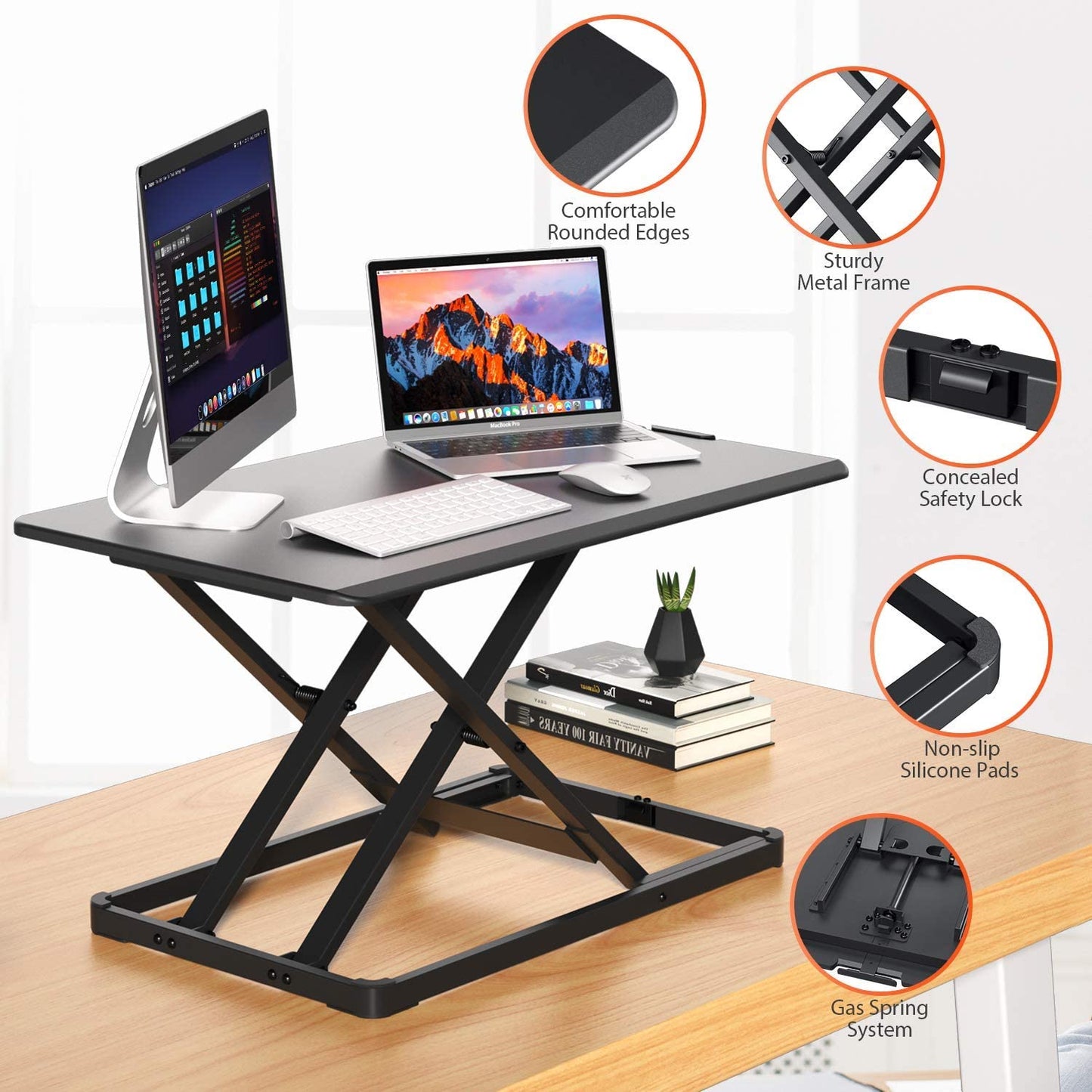 Height Adjustable Standing Desk Sit to Stand Converter Stand Up Desk Tabletop Workstation for Laptops Dual Monitor Rise