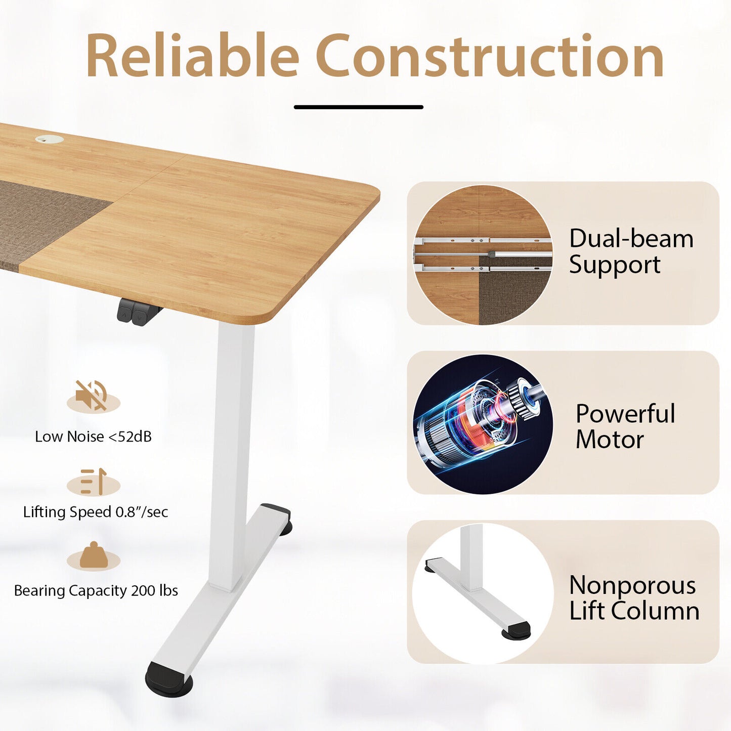 Electric Standing Desk Height Adjustable Home Office Table w/ Hook Natural
