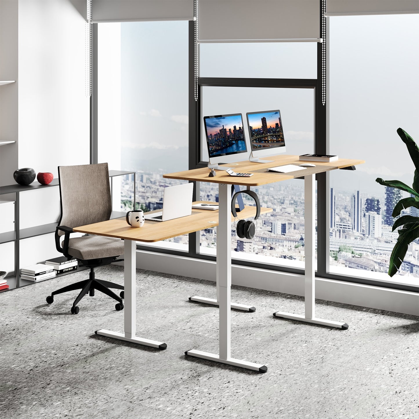 Electric Standing Desk Height Adjustable Home Office Table w/ Hook Natural
