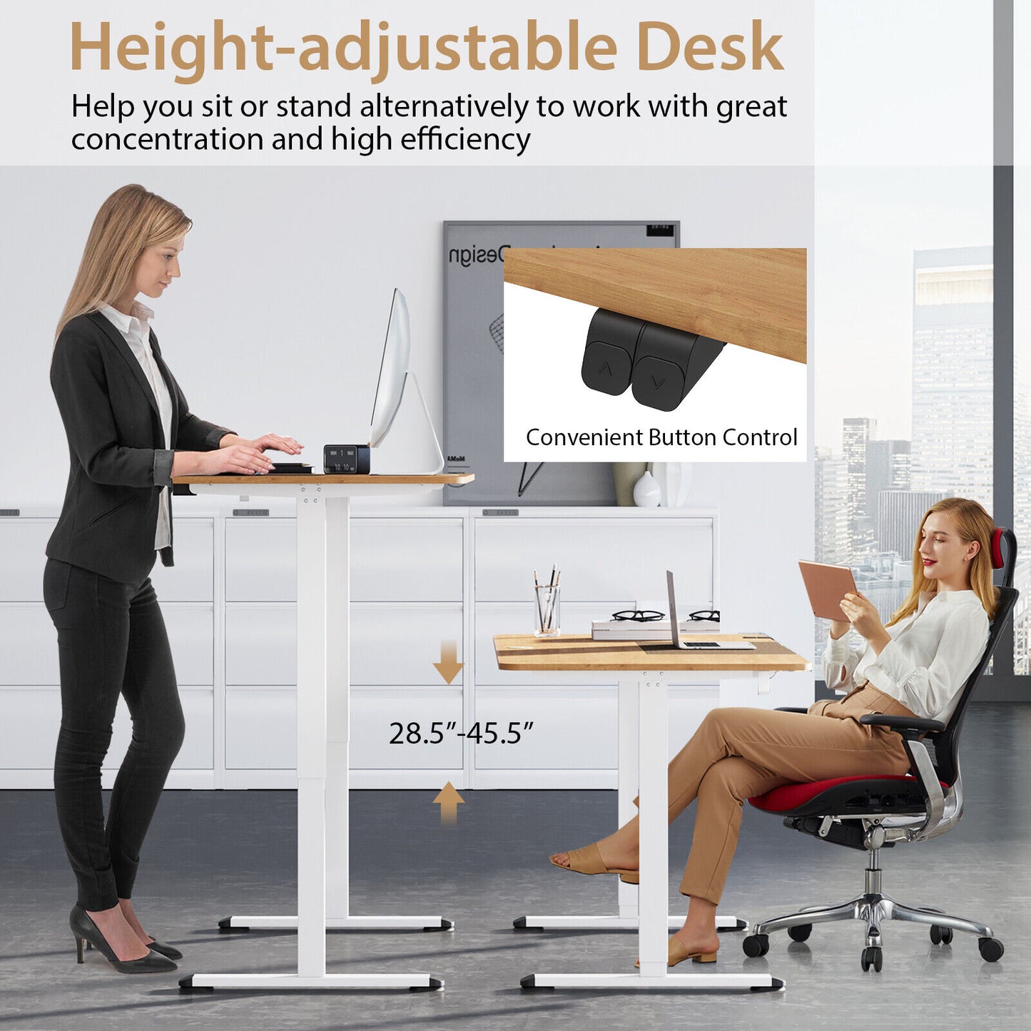 Electric Standing Desk Height Adjustable Home Office Table w/ Hook Natural