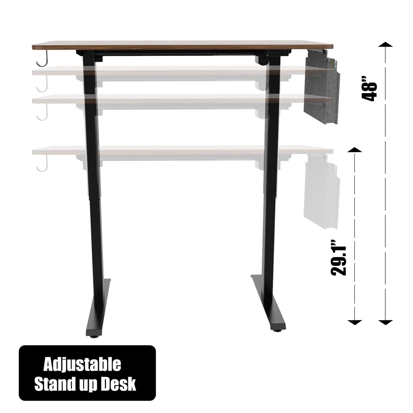 Height Adjustable Electric Standing Desk,48X24 Inch Stand Up Table With Headset Hook And Storage Bag