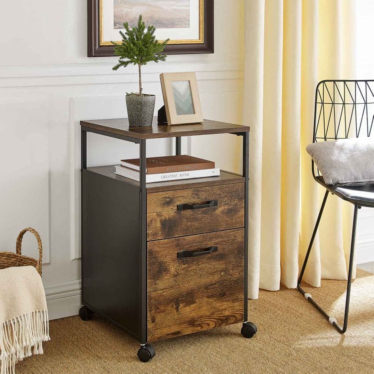 Mobile File Cabinet on Wheels, with 2 Drawers, Open Shelf, for A4, Letter Size, Hanging File Folders, Industrial Style