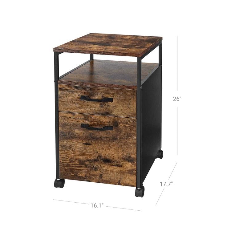 Mobile File Cabinet on Wheels, with 2 Drawers, Open Shelf, for A4, Letter Size, Hanging File Folders, Industrial Style
