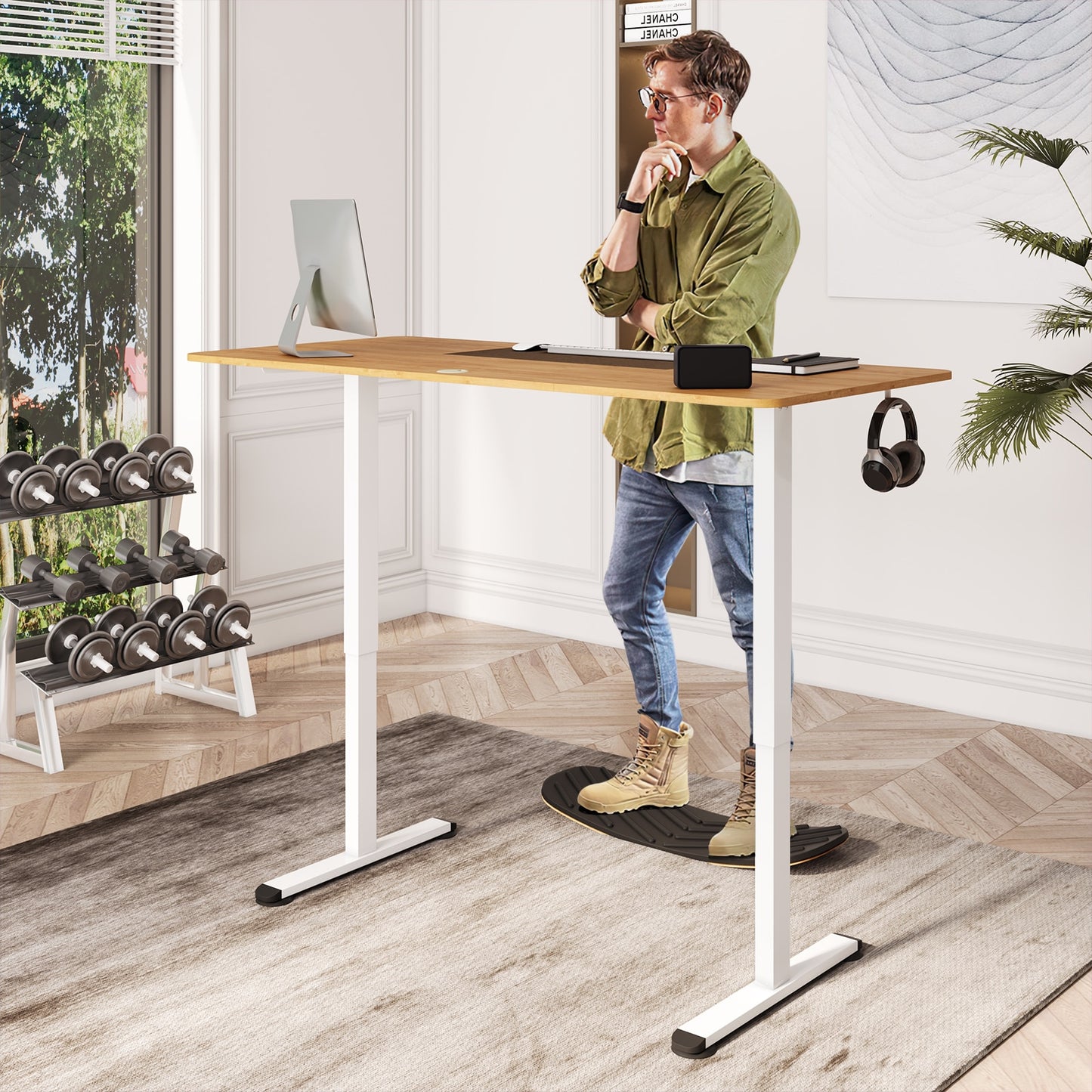 Electric Standing Desk Height Adjustable Home Office Table w/ Hook Natural