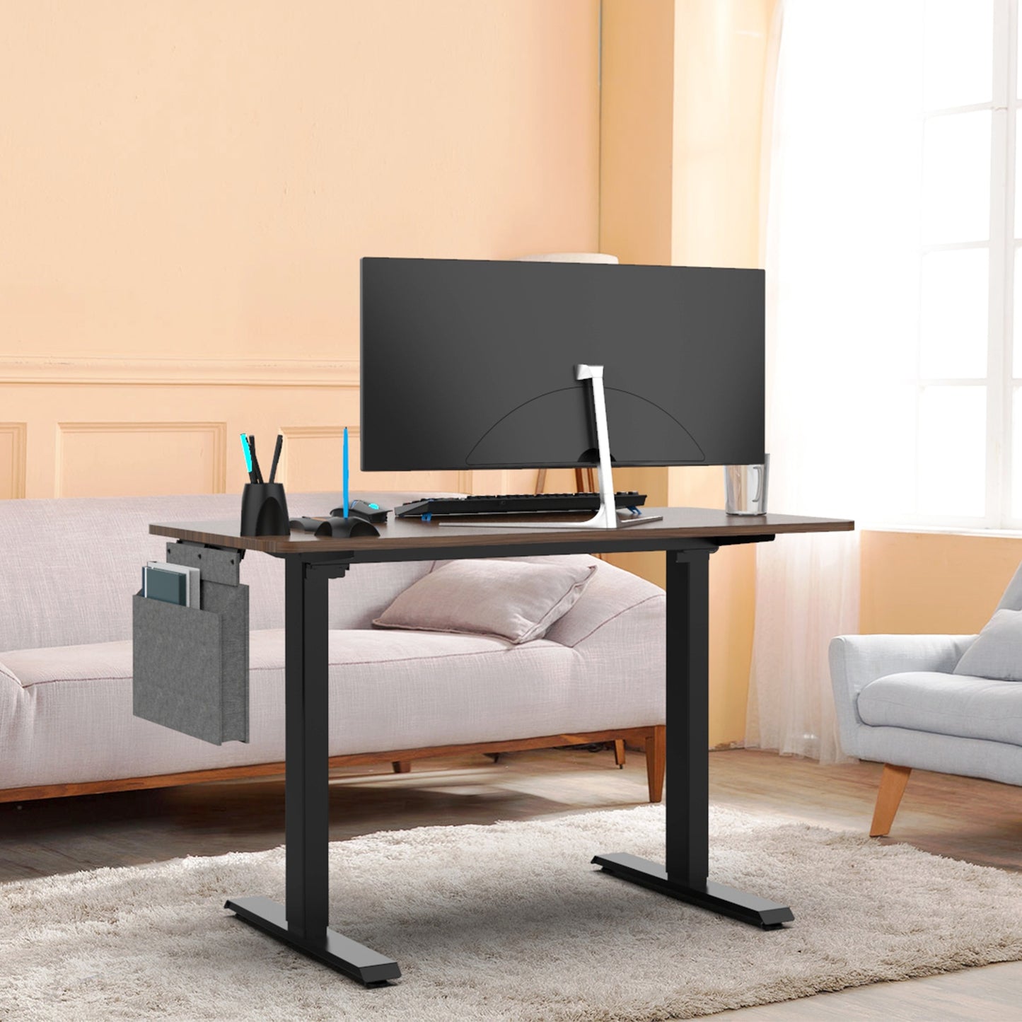 Height Adjustable Electric Standing Desk,48X24 Inch Stand Up Table With Headset Hook And Storage Bag