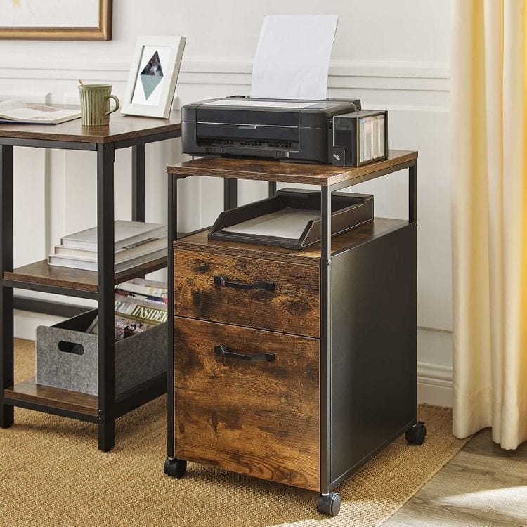 Mobile File Cabinet on Wheels, with 2 Drawers, Open Shelf, for A4, Letter Size, Hanging File Folders, Industrial Style