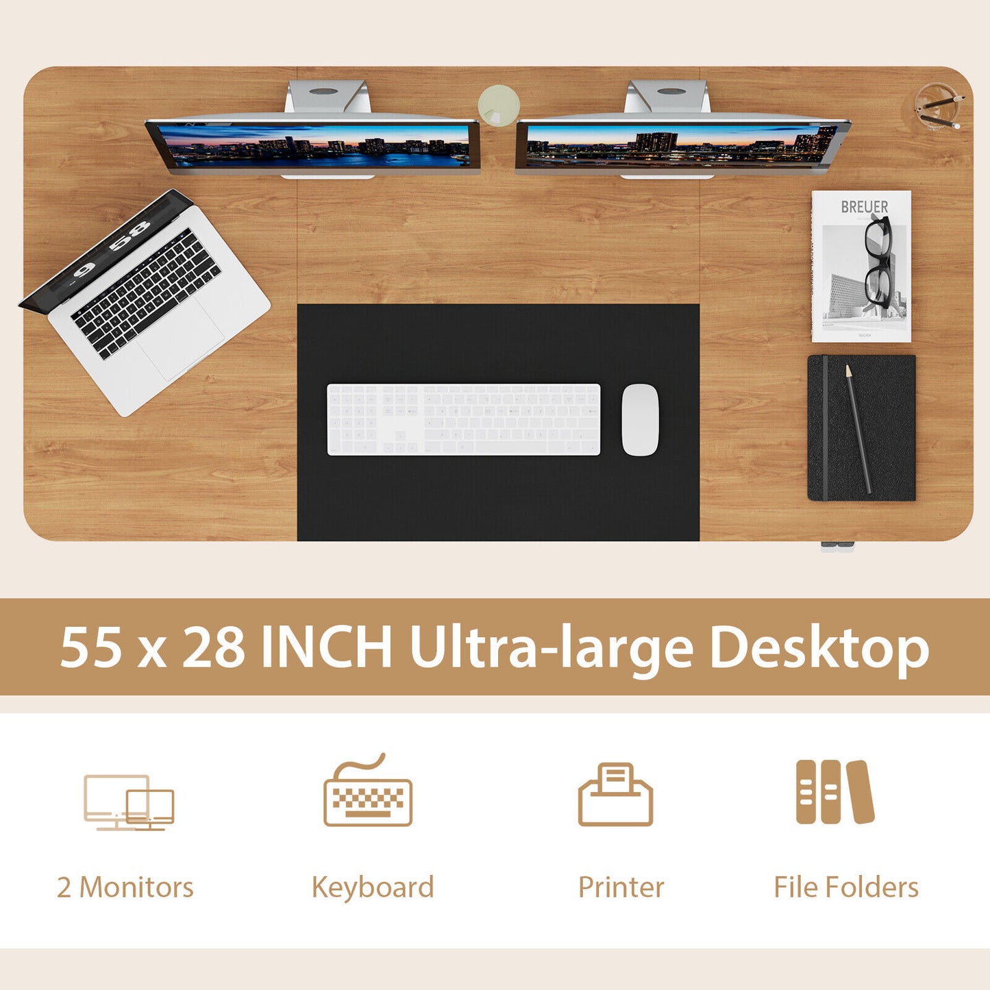 Electric Standing Desk Height Adjustable Home Office Table w/ Hook Natural
