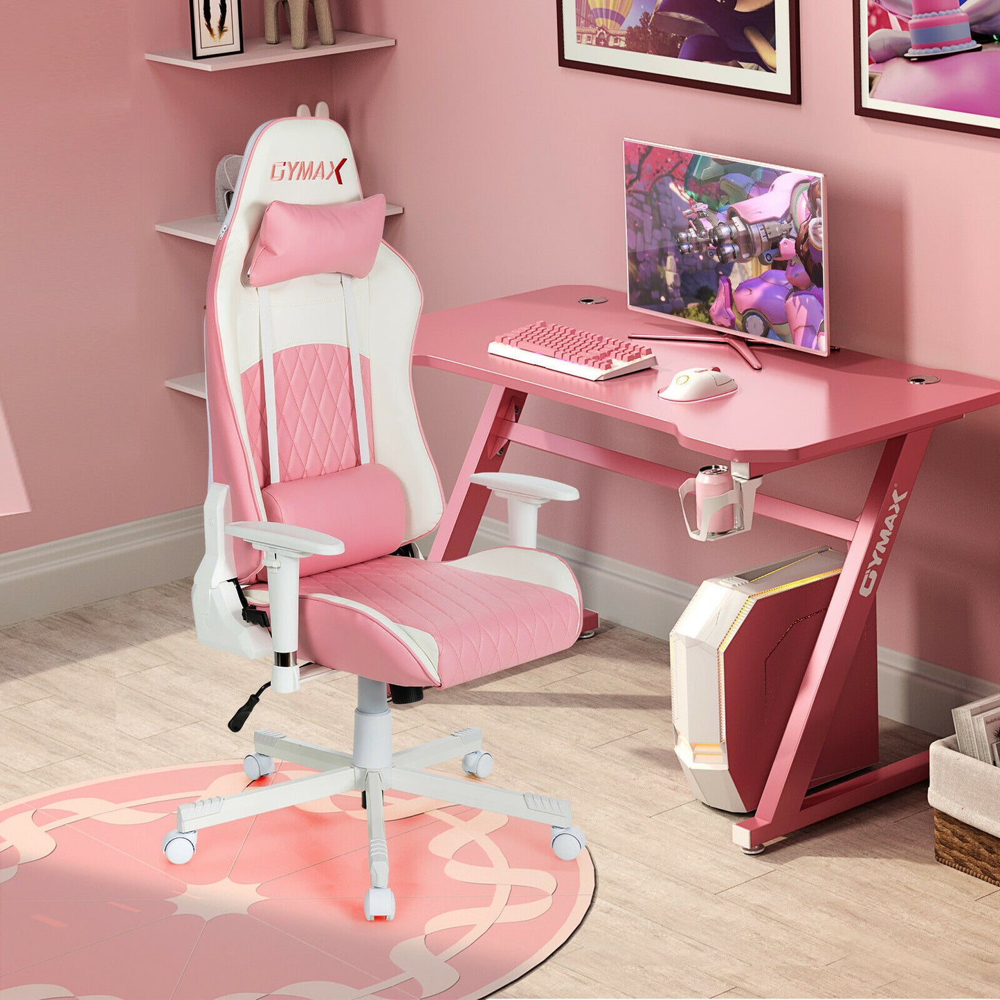 Gymax Gaming Chair Racing Style Adjustable Swivel Computer Office Chair Pink CB10206PK