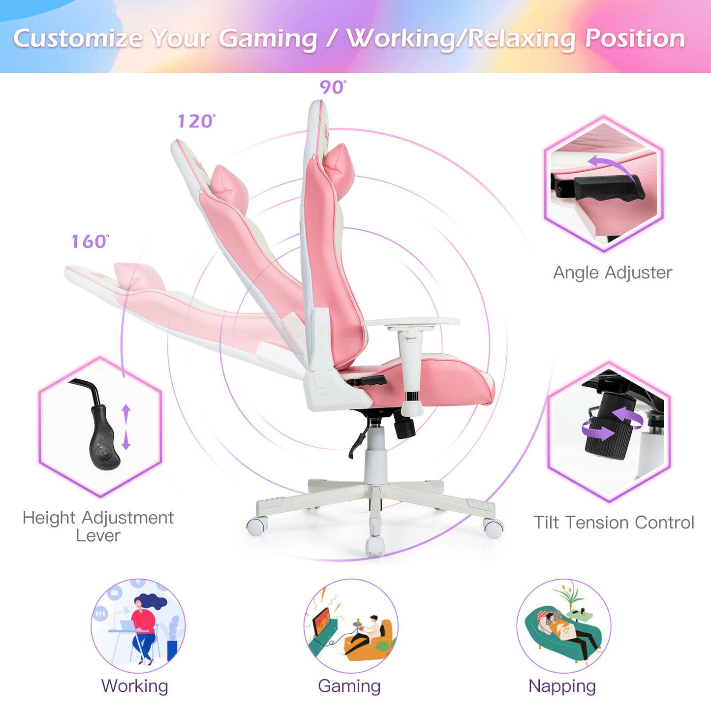 Gymax Gaming Chair Racing Style Adjustable Swivel Computer Office Chair Pink CB10206PK