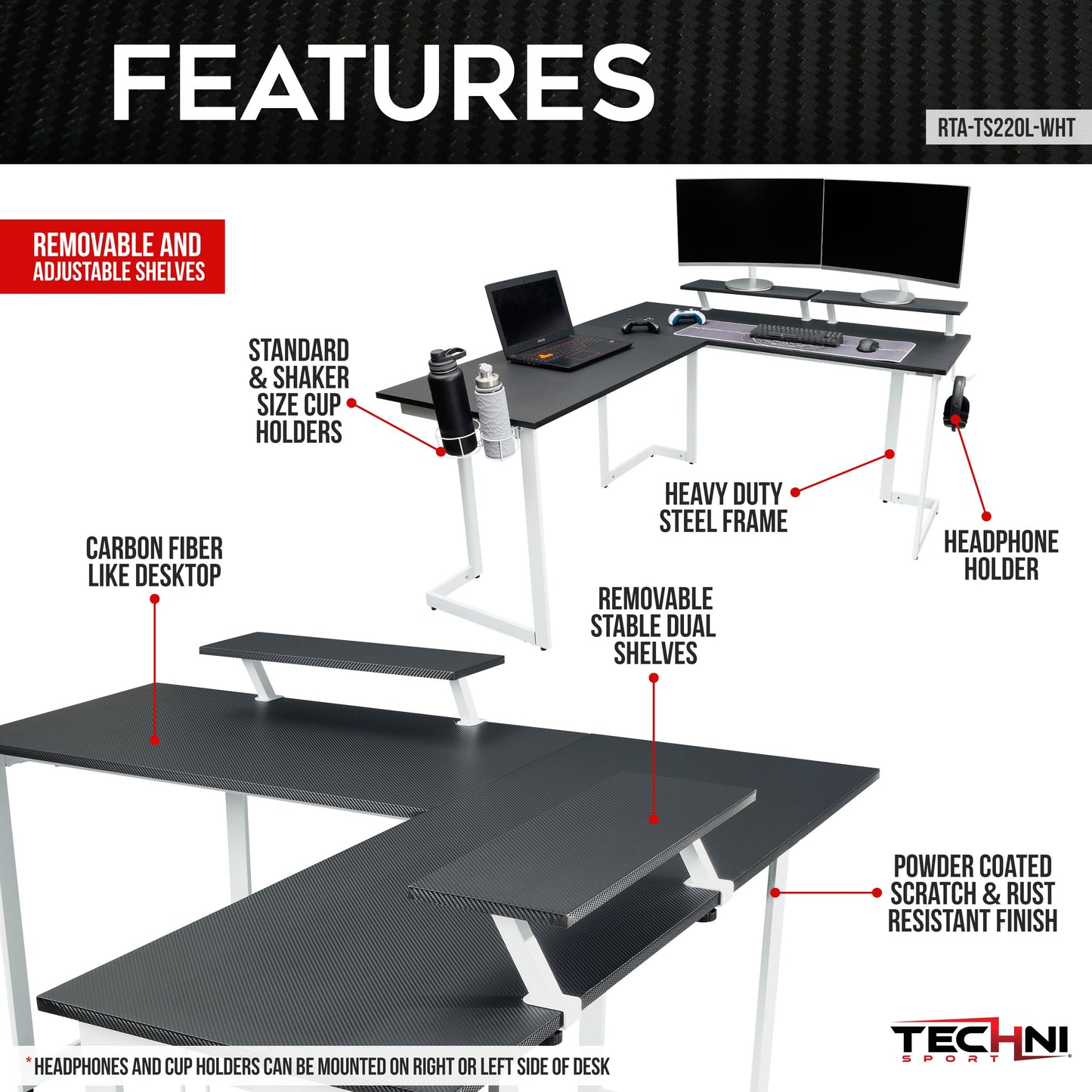 Sport Warrior L-Shaped Gaming Desk Senior Computer Office Study Table White/Black