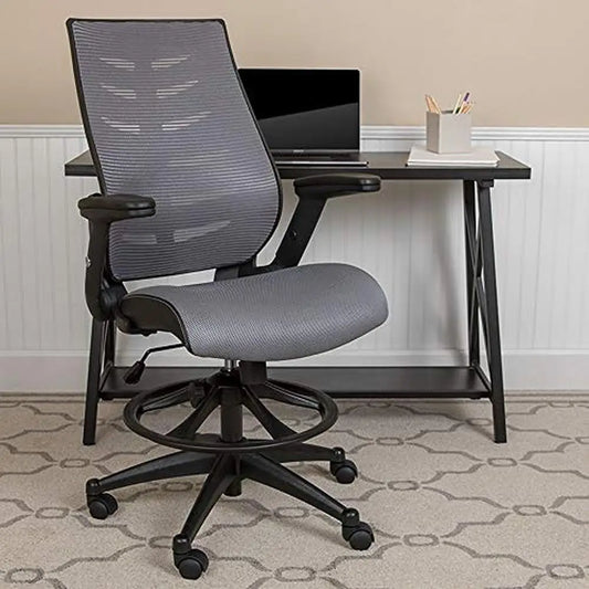 High Back Mesh Drafting Chair with Adjustable Foot Ring and Flip-Up Arms Ergonomic Office Stool Professionals Ventilated