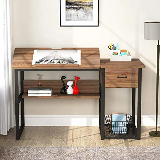 Adjustable Drafting Drawing Desk with Storage Drawers Shelves Workstation Tiltable Metal Frame Artist Craft Table Home Office