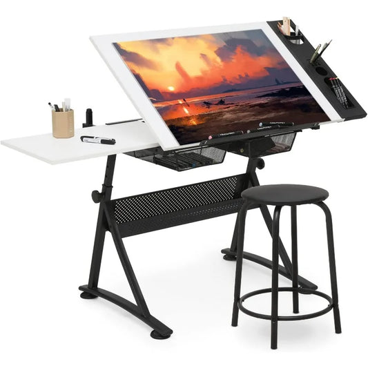 Drafting Table Set Adjustable Height Artist Desk with Tilting Wooden Tabletop and Sliding Desktop, with Stool &2 Storage Drawers