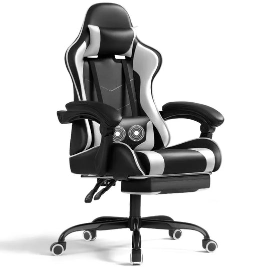 Lacoo PU Leather Gaming Chair Massage Ergonomic Gamer Chair Height Adjustable Computer Chair with Footrest & Lumbar Support