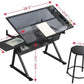 Voohek Chair, Adjustable Extended Tabletop&Slide-Up Pencil Ledge, Painting Desk w/Nonwovens Drawers, Black Drafting Table