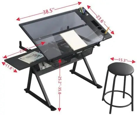 Voohek Chair, Adjustable Extended Tabletop&Slide-Up Pencil Ledge, Painting Desk w/Nonwovens Drawers, Black Drafting Table