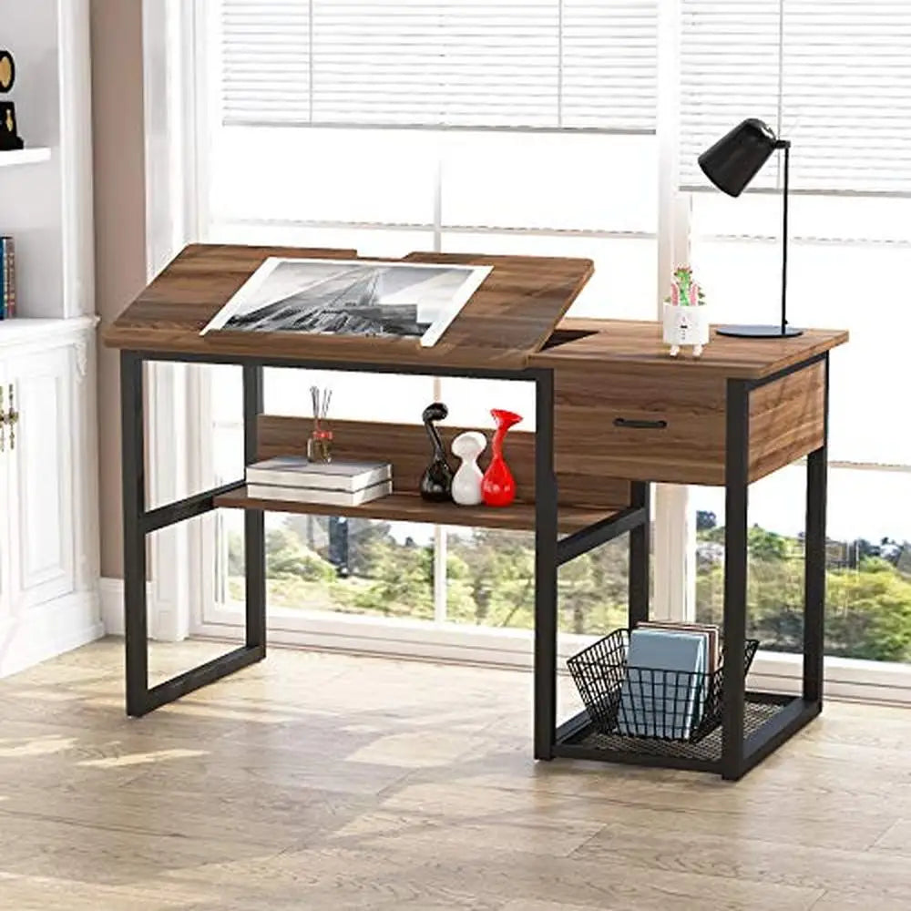 Adjustable Drafting Drawing Desk with Storage Drawers Shelves Workstat ...