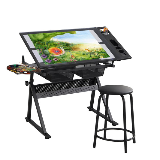 Height Adjustable Glass Top Drafting Table with Storage Drawer and Stool 47.2-55.1x23.6x27.4-35.8Inches Black[US-Stock]