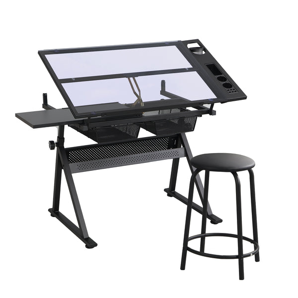 Height Adjustable Glass Top Drafting Table with Storage Drawer and Stool 47.2-55.1x23.6x27.4-35.8Inches Black[US-Stock]