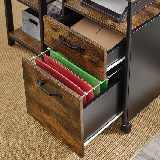 Mobile File Cabinet on Wheels, with 2 Drawers, Open Shelf, for A4, Letter Size, Hanging File Folders, Industrial Style